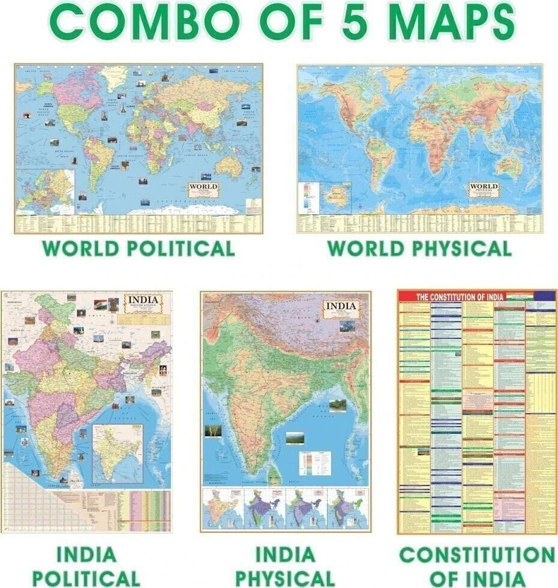 (COMBO OF ENGLISH 5 MAPS) INDIAN Constitution Chart With India & World Map (Both Political & Physical)| Set Of 5| Map Size (48 * 28) (23 * 36)|Paper Mint| Best Useful for UPSC, SSC, IES and other competitive Exams. Paper Print (28 inch X 40 inch) Paper Print(28 inch X 40 inch, Rolled)