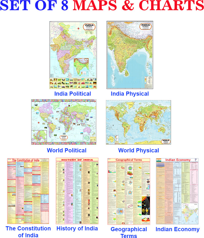 India, World Maps ( Political & Physical ) , Constitution of India, History, Geography Terms & Indian Economy Poster | SET OF 8 | ENGLISH Paper Print(40 inch X 28 inch, FOLDED)