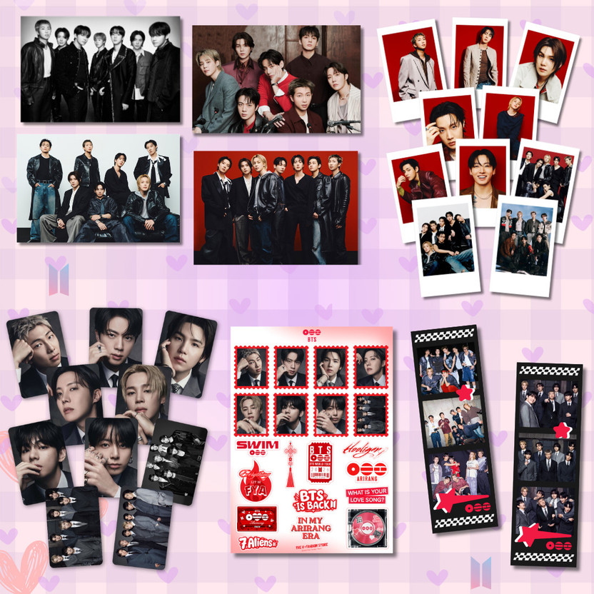 BTS Arirang Combo Pack Of 4 Poster, 10 Photocards, 10 Photocards, 1 Sticker Sheet, 2 Photo strips Paper Print(2 inch X 16 inch)