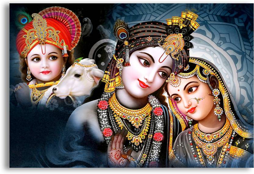 Little Kanha Radha Krishna With Cow Poster HD God Poster For Home Decor