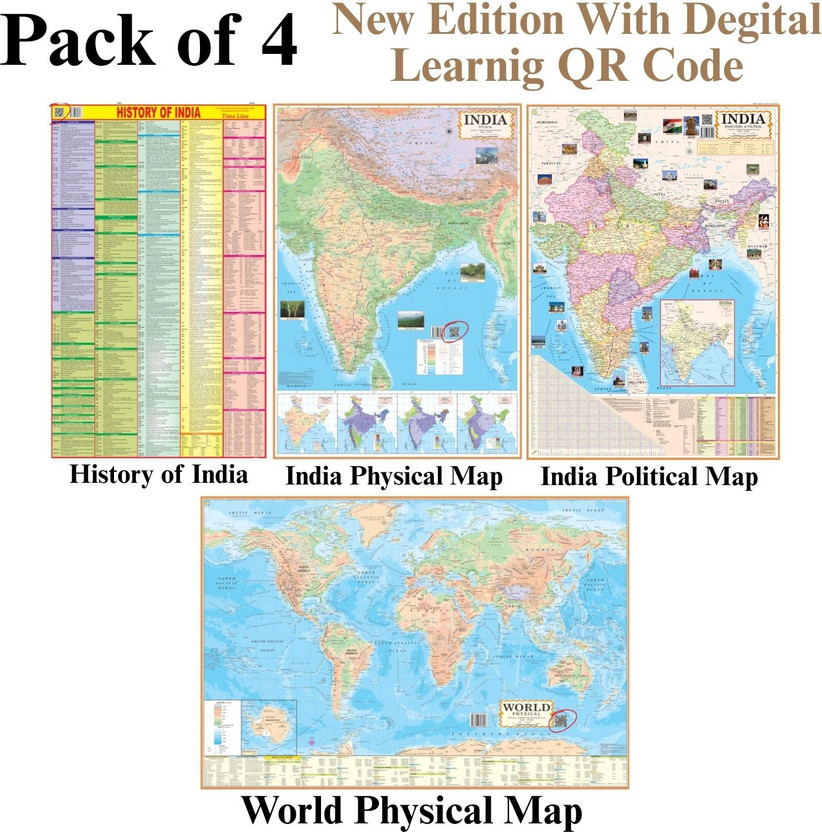 Pack Pack of 4 Maps – World Physical, India Political, India Physical & History of India | 28x40 Inch (70x100 cm) | 90 GSM Thick Soft Paper | High-Quality Print with QR Code | New Edition for SSC, UPSC & Competitive Exam Preparation Paper Print(40 inch X 28 inch, Folded) - Flipkart Deal