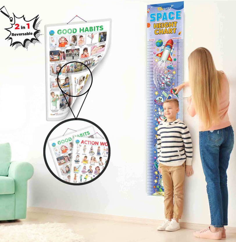 2 IN 1 GOOD HABITS AND ACTION WORDS and SPACE HEIGHT CHART | Set of 2 chart 1 Educational + 1 Height Chart | Thrilling Combo Pack of Learning & Height Tracking Chart for kids Paper Print(30 inch X 20 inch)