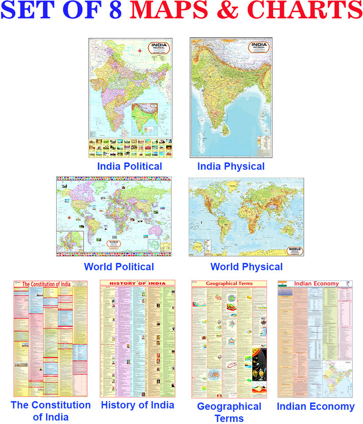 India, World Maps ( Political & Physical ) , Constitution of India, History, Geography Terms & Indian Economy Poster | SET OF 8 | ENGLISH Paper Print(40 inch X 28 inch, FOLDED)