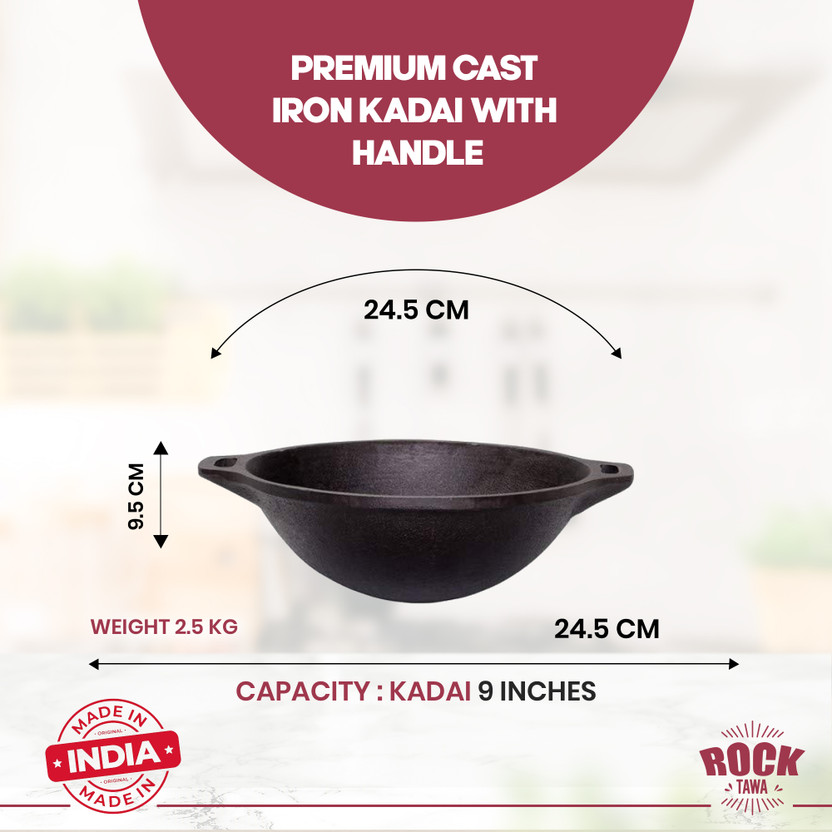 Rock Tawa Cast Iron Kadhai 9 Inch (Pre-Seasoned) Kadhai 24.5 cm diameter 2 L capacity(Cast Iron, Induction Bottom)