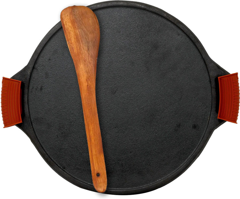 Rock Tawa Dosa Tawa 12 In PreSeason with Free Wooden Spatula,Silicon grip Tawa 30.5 cm diameter(Cast Iron, Induction Bottom)