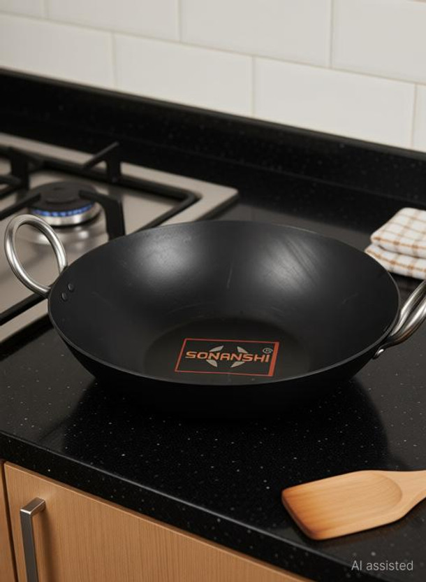 Sonanshi Iron/Lokhand Black Induction/Gas (Multipurpose) Compatible Kadhai for Cooking Kadhai 26.6 cm diameter 1.6 L capacity(Iron, Induction Bottom)