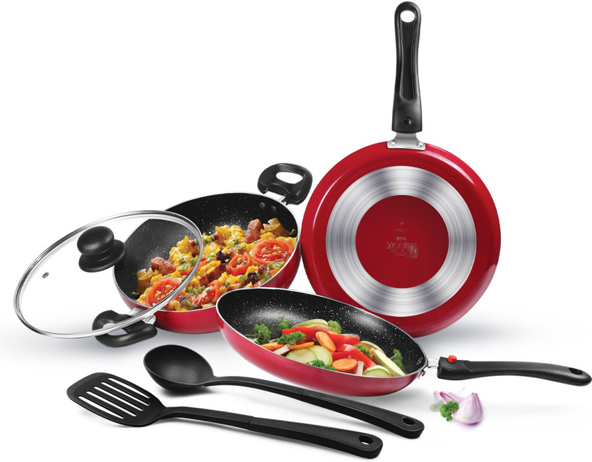 MILTON Pro Cook Kitchen Pride Non Induction Cookware, Maroon Non-Stick Coated Cookware Set(Aluminium, 5 - Piece)