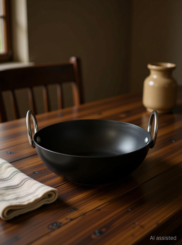 VeerEnterprises MS Pure Iron/Loha Black Kadhai 21 cm diameter 1 L capacity(Iron)