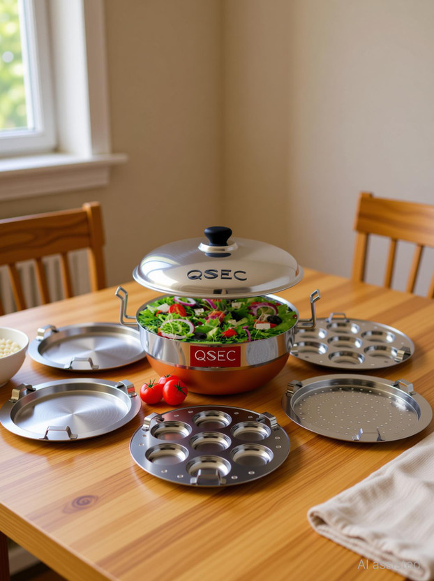 QSEC Idli cooker and Idli maker stainless steel multi kadai steamer Multi kadai Kadhai 27.5 cm diameter with Lid 4 L capacity(Steel, Copper)