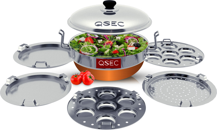 QSEC Idli cooker and Idli maker stainless steel multi kadai steamer Multi kadai Kadhai 27.5 cm diameter with Lid 4 L capacity(Steel, Copper)