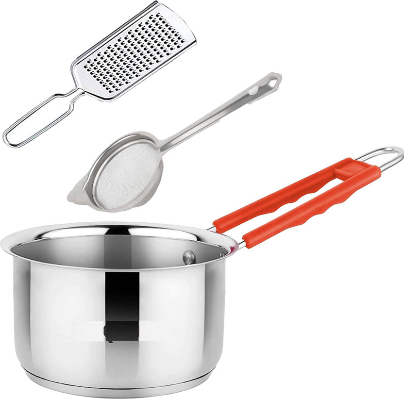 IDEAL PRIME Durable Stainless Steel Saucepan Grater Strainer Combo(3 Pieces) Kitchen Tool Sauce Pan 18 cm diameter 1 L capacity(Stainless Steel, Induction Bottom)