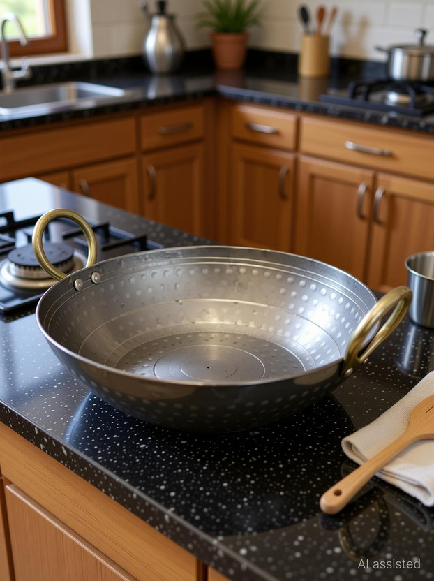 Shifa craft Iron Hammered Kadai | Deep Frying Kadai Handmade Kadhai 24.5 cm diameter 5 L capacity(Iron, Non-stick)