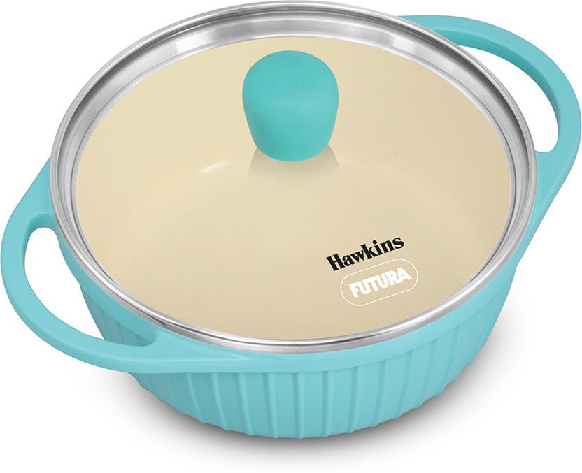 Hawkins 1.25 Litre Aqua Baby Casserole with Glass Lid, Aqua Blue (UBC125G) Pancake Pan 16 cm diameter with Lid 1.25 L capacity(Aluminium, Non-stick)