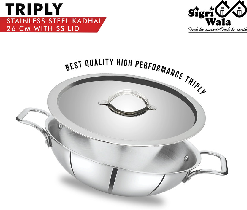 Sigri-wala Triply Stainless Steel Kadhai Kadhai 26 cm diameter with Lid 3.3 L capacity(Triply, Induction Bottom)