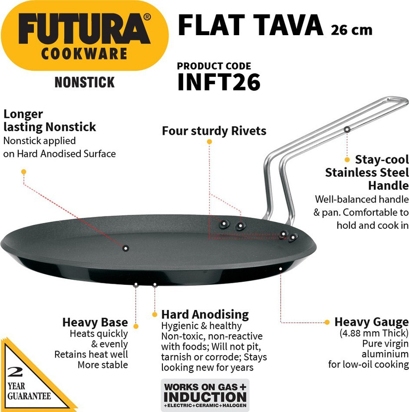 Hawkins Futura Flat (INFT26) Tawa 26 cm diameter(Hard Anodised, Non-stick, Induction Bottom)