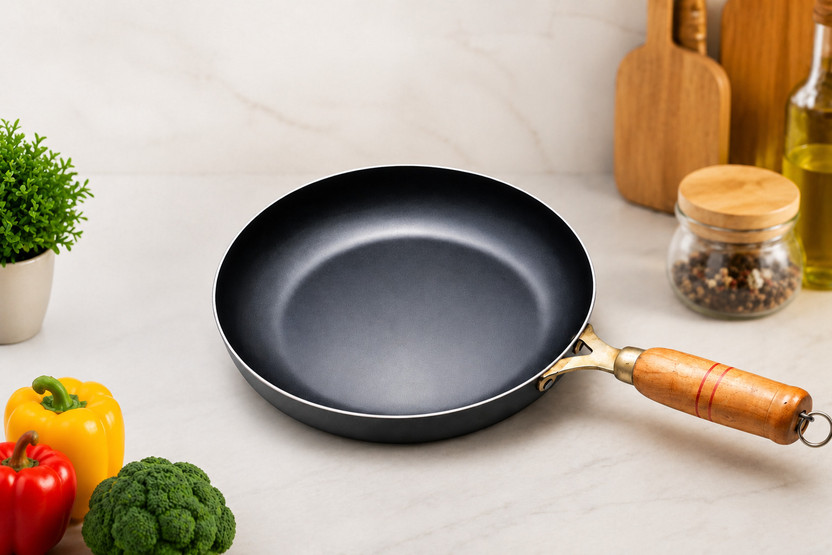 Nicovo Pre-Seasoned Iron Fry Pan with Long Wooden Handle | Heavy Duty Fry Pan 25 cm diameter 1.5 L capacity(Iron)