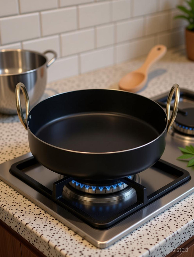 shri gaurangi Heavy Base Iron Flat Kadai Fry Pan for Making jalebi, dal tadka, 12 Inches, 310 cm Original Iron loha color black 4 Liters Kadhai 31 cm diameter 4 L capacity Kadhai 31 cm diameter 4 L capacity(Iron, Induction Bottom)