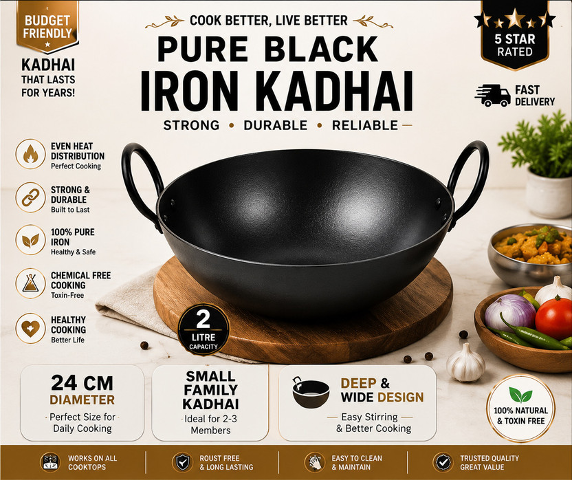 VeerEnterprises 10 inch pure iron black kadhai Kadhai 23 cm diameter 1.75 L capacity(Iron)