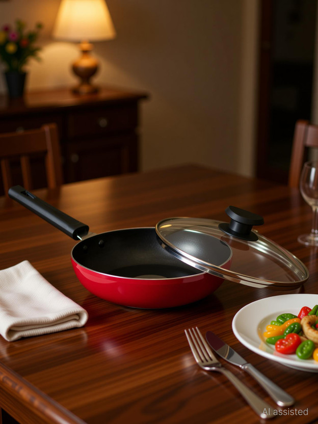 NAVRANG NONSTICK ALU FRYPAN 220MM WITH GLASS LID, INDUCTION, RED COLOR, 1.5 LTR Fry Pan 22 cm diameter with Lid 1.2 L capacity(Aluminium, Non-stick, Induction Bottom)