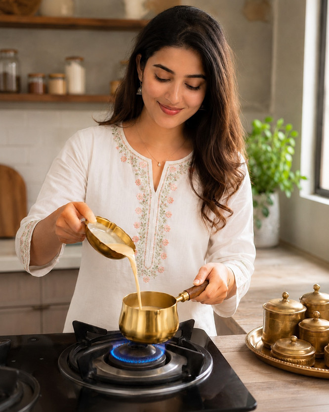 CHIDDHAN Pack of 1 Stainless Steel Premium Mini Milk Pan with Wooden Handle(Gold, Saucer)