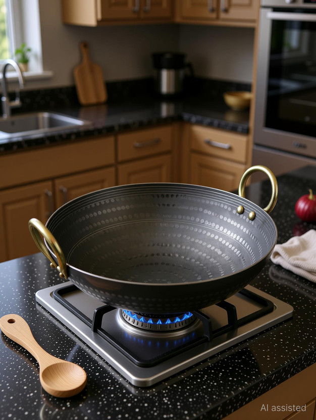 Ptr Handmade Iron Matthar Kadai | Hammered Kadai with Handle for Kitchen Kadhai 36 cm diameter 4 L capacity(Iron)