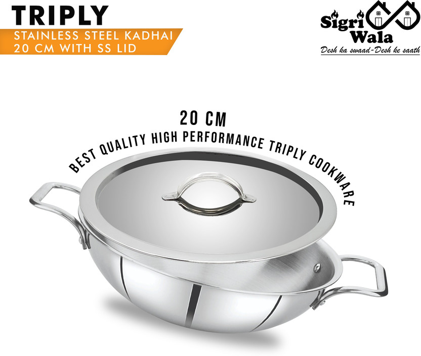 Sigri-wala Cook Healthy Triply Kadhai 20 cm diameter with Lid 1.8 L capacity(Triply, Induction Bottom)