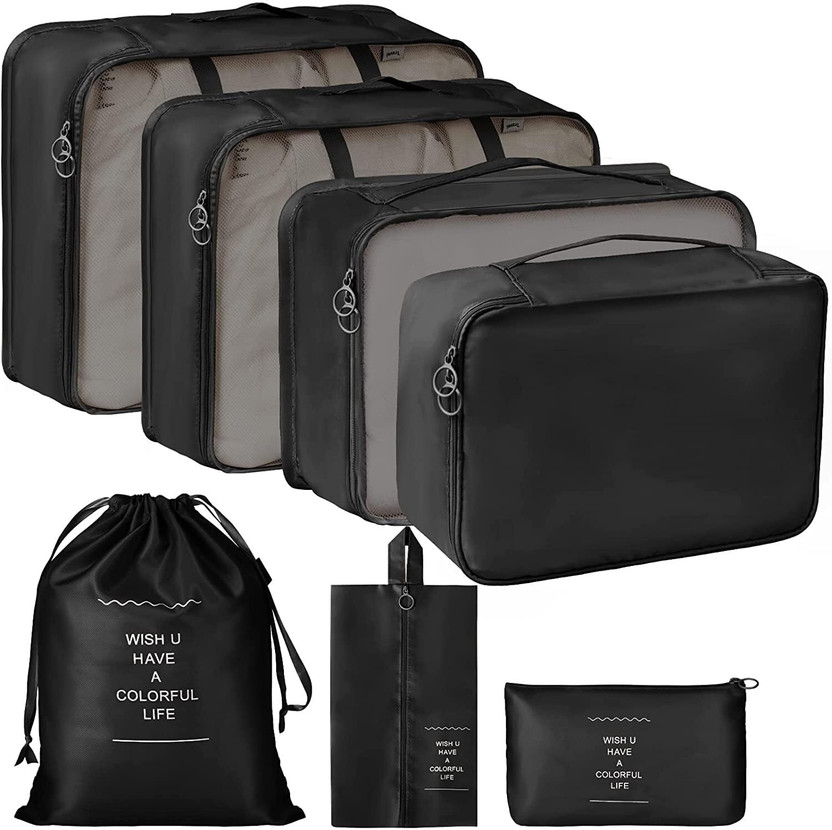 LarihkRetail 7 in 1 Travel Laundry Cosmetics Luggage Organizers Packing Cubes, Nylon(Black)