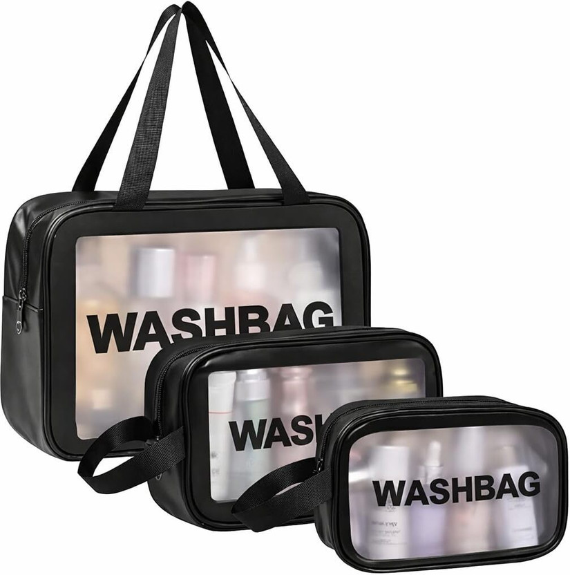 Godadi Wala Transparent Travel Wash Bag Set of 3 | Waterproof Toiletry Organizer for Unisex Travel Toiletry Kit(Black)