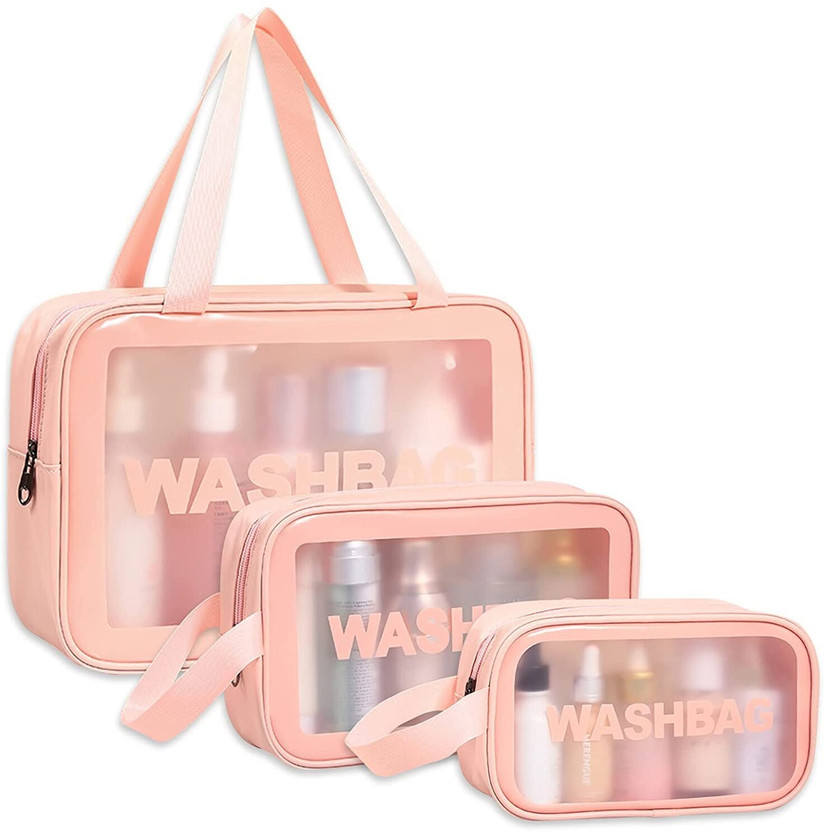 Aepigo Travel Cosmetic Bag Clear Makeup Pouch Set Travel Toiletry Wash Bag For Women Travel Toiletry Kit(Pink)