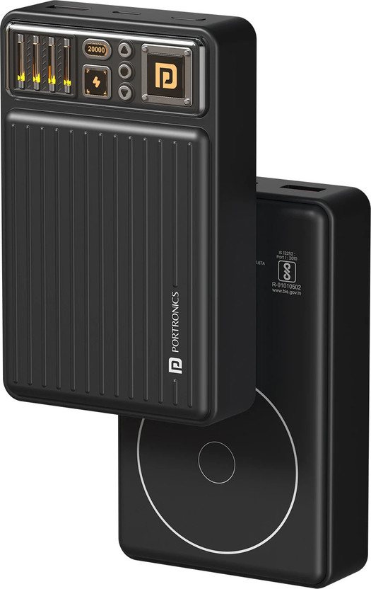 Portronics 20000 mAh 22.5 W Wireless Compact Power Bank(Black, Lithium Polymer, Fast Charging for Mobile)