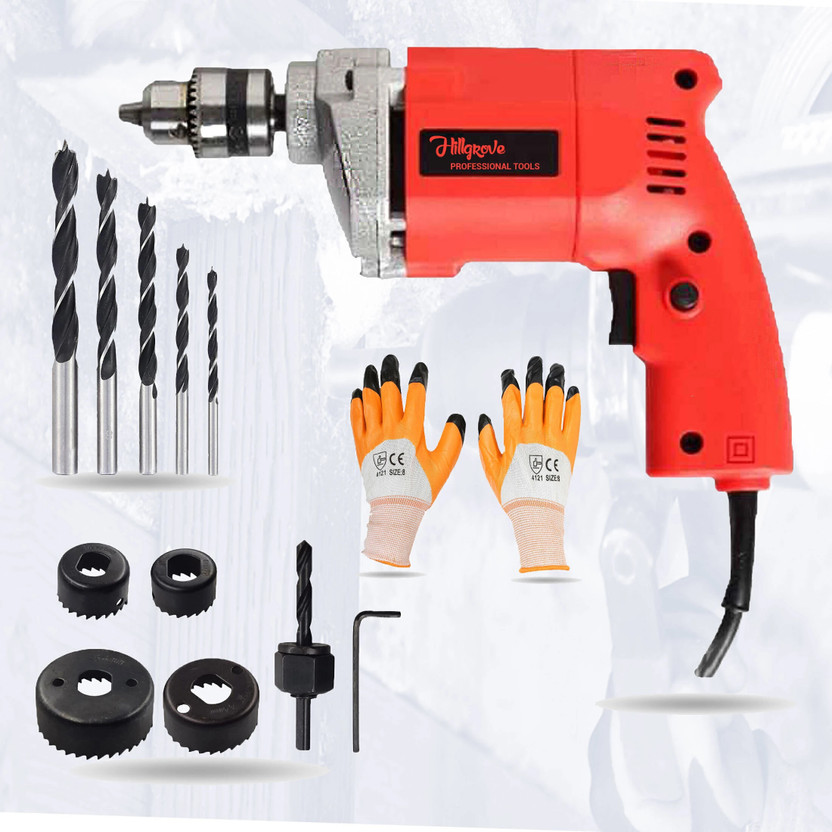 Hillgrove Heavy-Duty Electric Drill Machine with Multiple 100% Copper Winding HGCM529M1 Drill Machine with Wood Bits and Hole Saw Pistol Grip Drill(10 mm Chuck Size)
