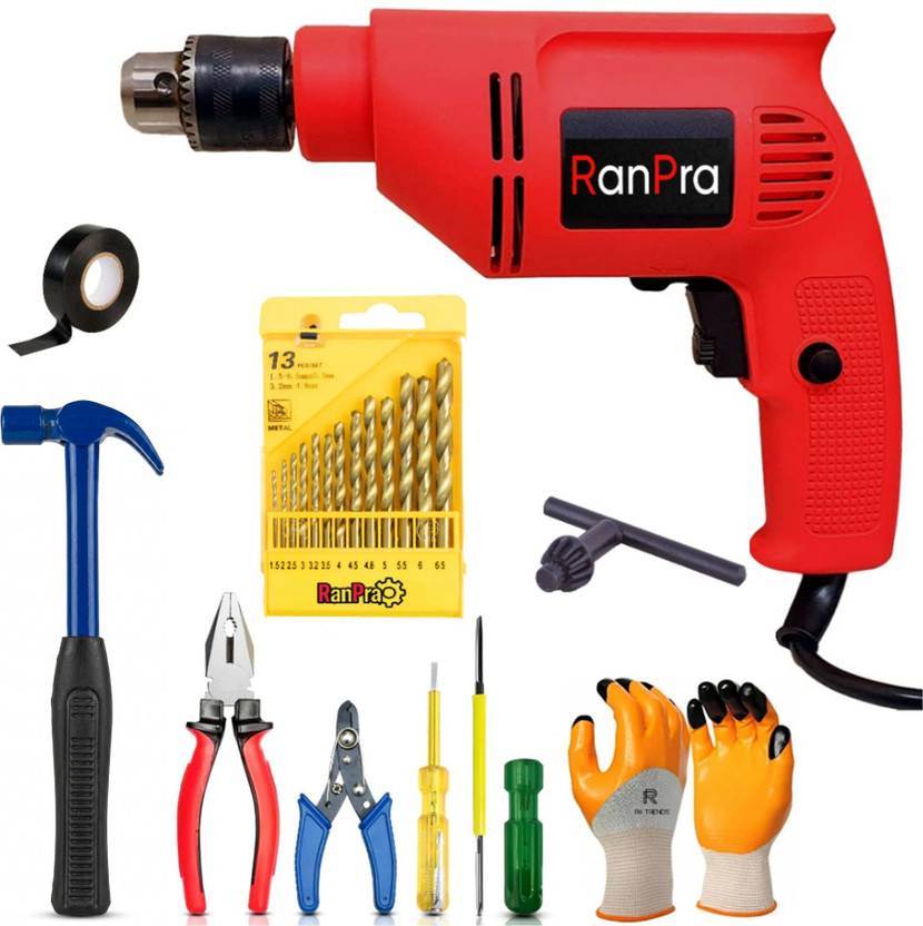RanPra 10MM HAMMER DRILL MACHINE WITH DRILL BIT SET AND HANDTOOL SET Pistol Grip Drill(10 mm Chuck Size)