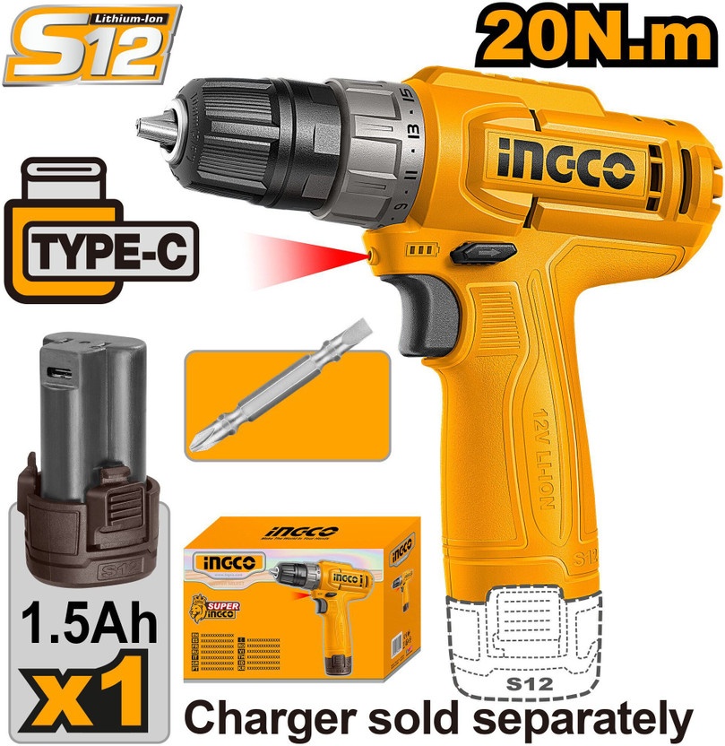 INGCO INGCO Cordless Drill 12V 20Nm, with a 1.5Ah Battery, Cordless Drill(10 mm Chuck Size) - Flipkart Deal