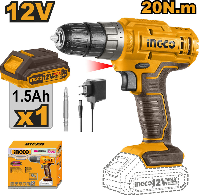 INGCO 12V Cordless Drill Machine, 20Nm Torque, 10mm Keyless Chuck with LED Light Single Battery & Charger Cordless Drill(10 mm Chuck Size)