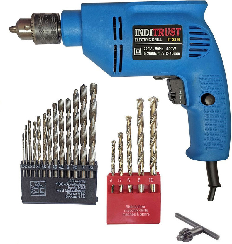 Inditrust 6-Month Warranty 100% Copper Winding 400w 10mm Reversible Electric drill machine 10mm & 5pc Masonry bit & 13pc HSS bit Pistol Grip Drill(10 mm Chuck Size)