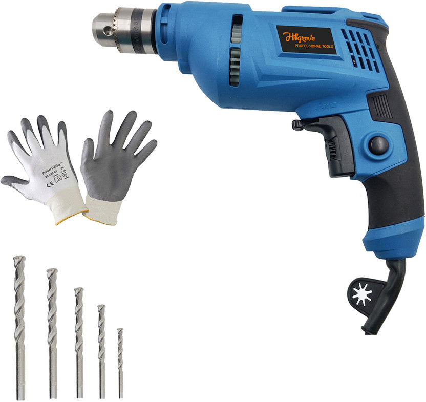 Hillgrove HGCM1078M3 700W Power Drill Machine with Gloves, 5Pcs Masonry Drill Bits for Making Holes in Metal/Wood/Concrete with Reverse Rotation&Variable Speed HF0178 Pistol Grip Drill(10 mm Chuck Size)