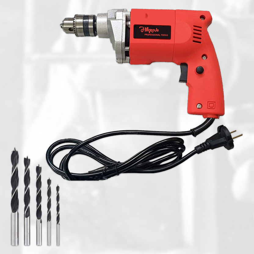Hillgrove Heavy-Duty Electric Drill Machine with Multipurpose 100% Copper Winding HGCM1104M1 Drill Machine with 5Pcs Wood Drill Bits for Pistol Grip Drill(10 mm Chuck Size)