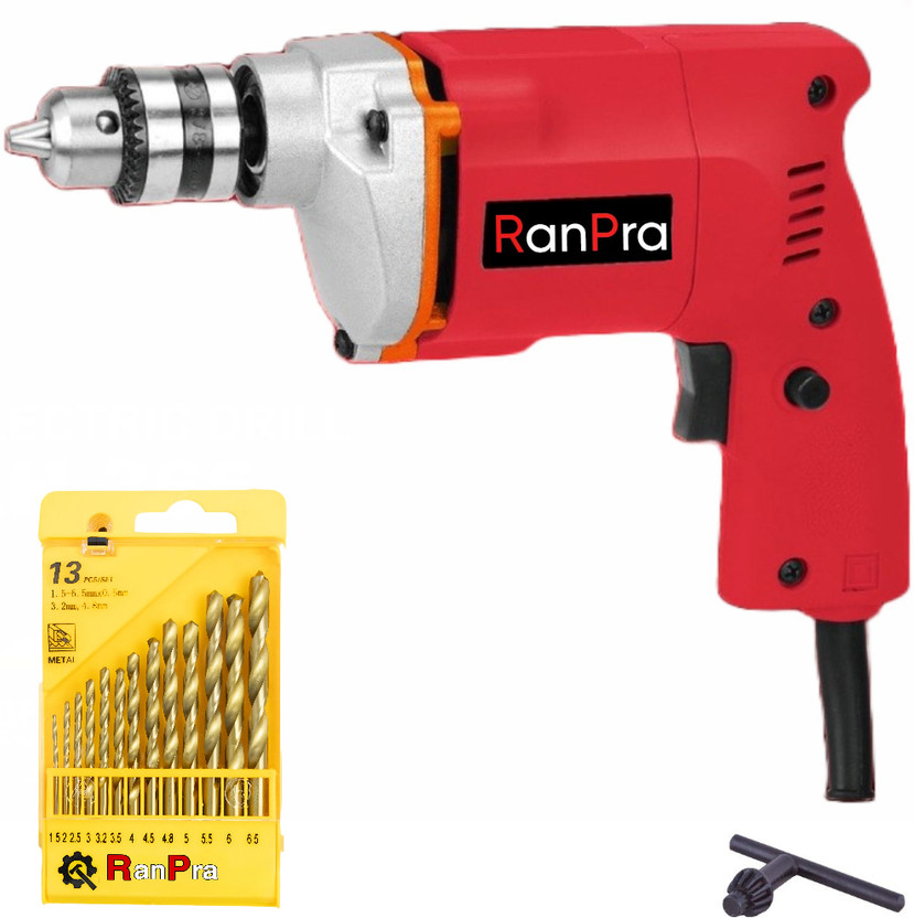 RanPra CF-366 10MM DRILL MACHINE WITH 13-PIECE MASONRY DRILL BIT SET Pistol Grip Drill(10 mm Chuck Size)