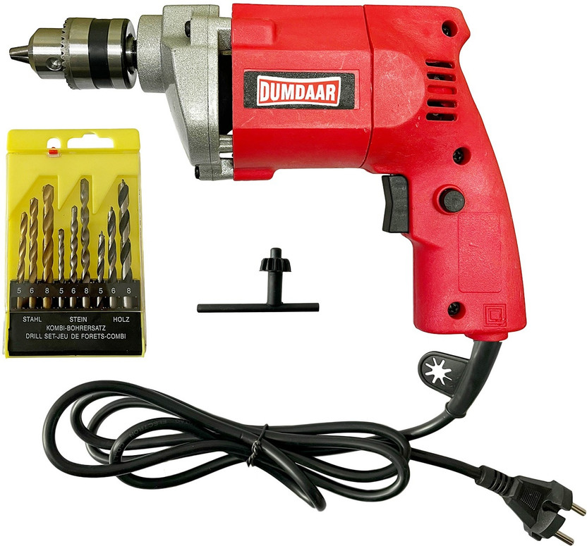DUMDAAR TR Red 350W 10mm Electric Drill machine 100% Copper Winding with 9pc Drill Bits Set, 3 Masonry, 3Wood and 3 Metal Bits.ing Pistol Grip Drill(10 mm Chuck Size)