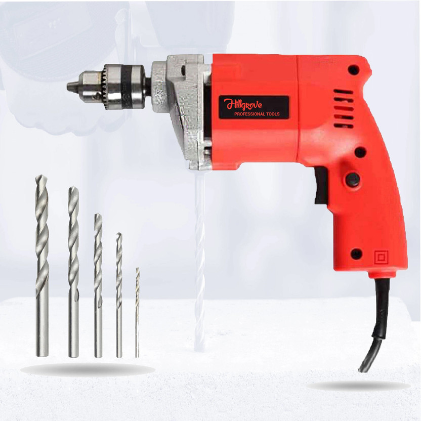 Hillgrove Heavy-Duty Electric Drill Machine with Multipurpose 100% Copper Winding HGCM524M1 With 10mm Drill Machine with 5Pcs HSS Pistol Grip Drill(10 mm Chuck Size)