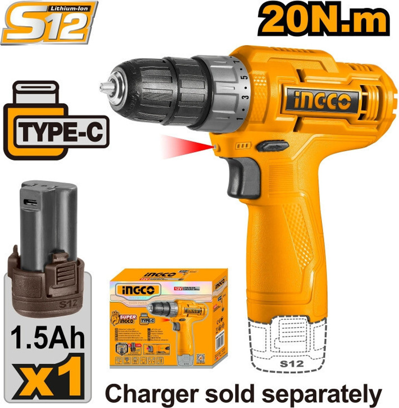 INGCO Cordless Drill with 1.5Ah Battery,20NM, 750 RPM CDLI12428 Cordless Drill(10 mm Chuck Size)