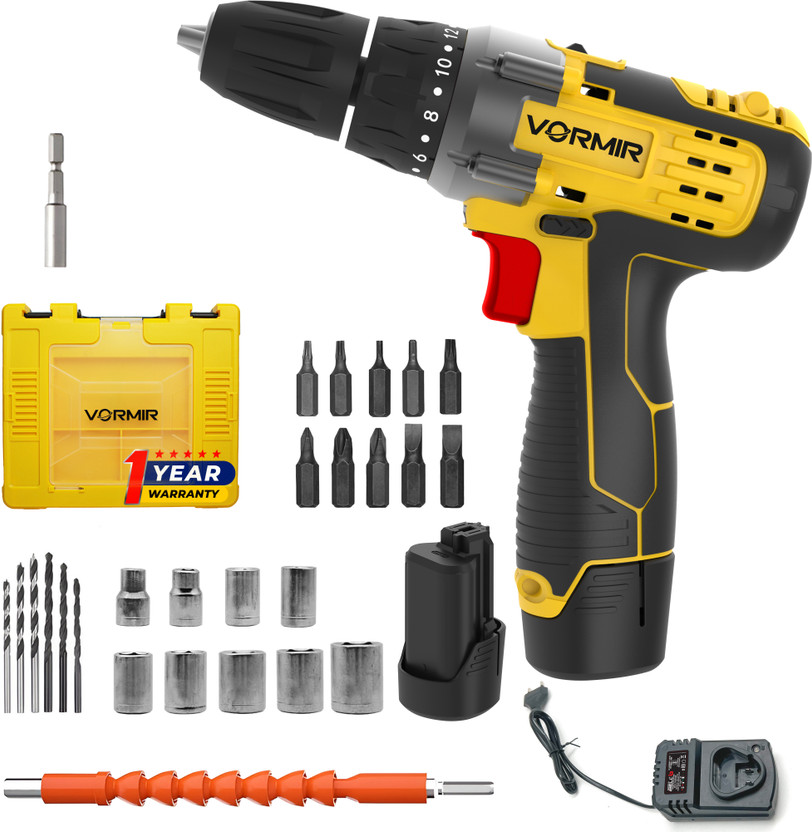 iBELL VORMIR VR CD12-45 Cordless Drill Driver, 2 Batteries, 12V, 0-400/0-1450RPM,25Nm, 31 Accessories in BMC Box, Compact Design Cordless Drill(10 mm Chuck Size)