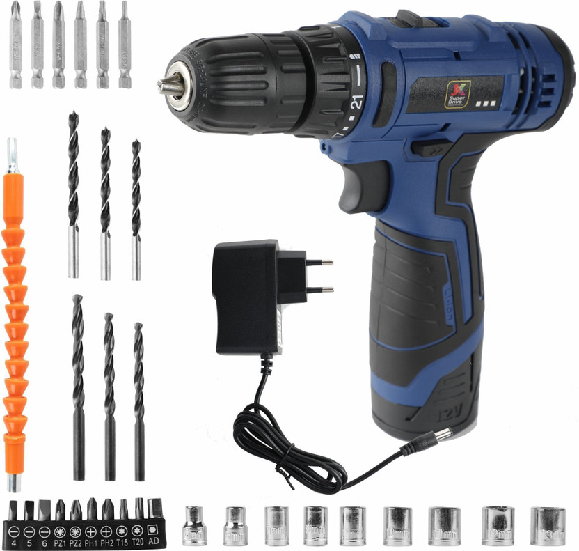 JK Super Drive JK Super Drive 12V Cordless Drill Machine with 34 Accessories 10mm Keyless Chuck, Speed Control, Forward/Reverse, 1.5Ah Battery Cordless Drill(10 mm Chuck Size)
