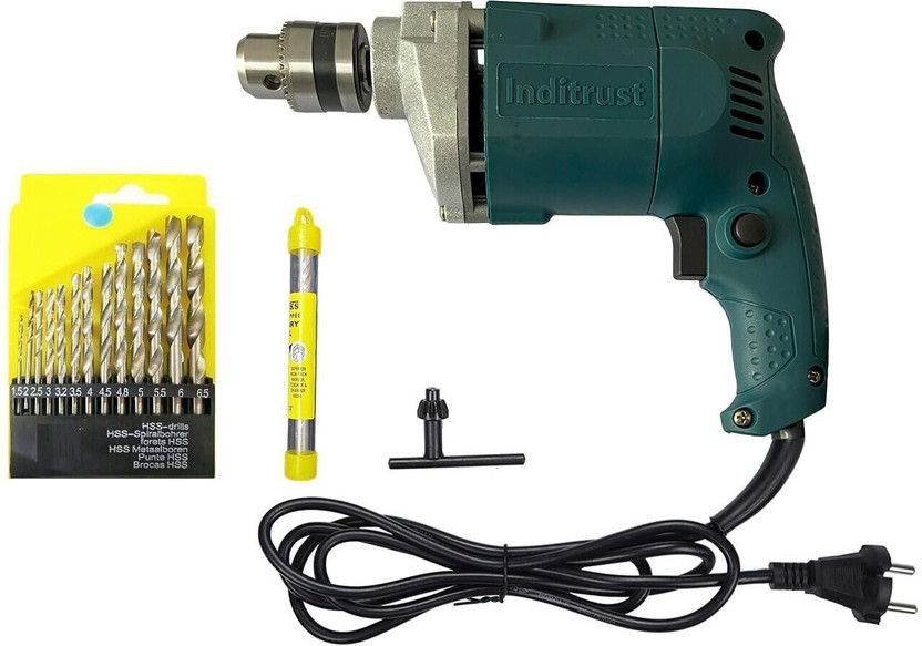 Inditrust 6 MONTHS WARRANTY 10mm Electric Drill Machine with 6-Months Warranty,13pcs HSS Drill Bits Pistol Grip Drill(10 mm Chuck Size)