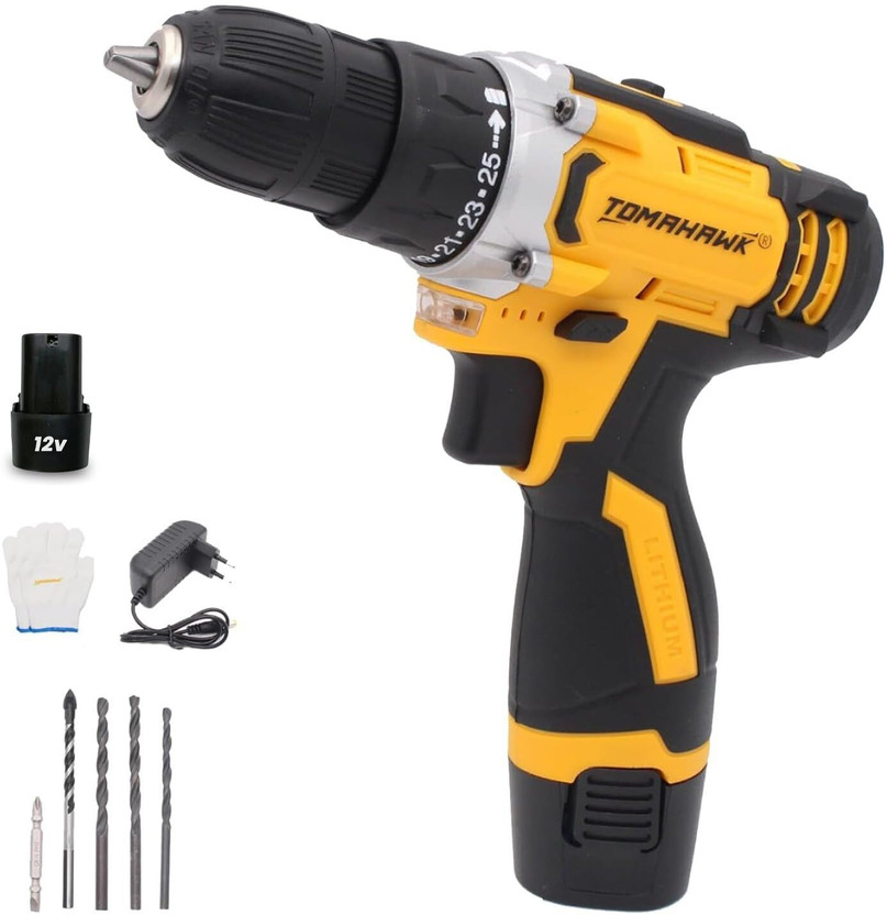 Tomahawk DMS-9000 12V Drill Machine Heavy Duty Copper Armature 1350rpm 16+1 Torquesetting Cordless Drill(10 mm Chuck Size)