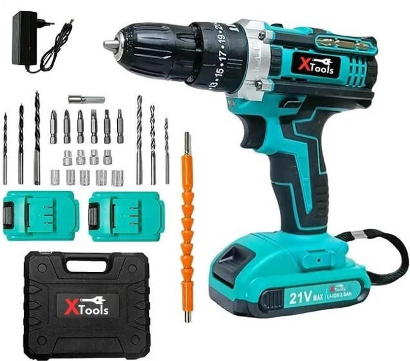 XTOOLS 1.5Ah Lithium Battery, 13mm Chuck, 60Nm Torque, 2-Speed 21v Cordless Drill Kit – Variable Speed, Dual Battery, Power Tool Set Cordless Drill(10 mm Chuck Size)