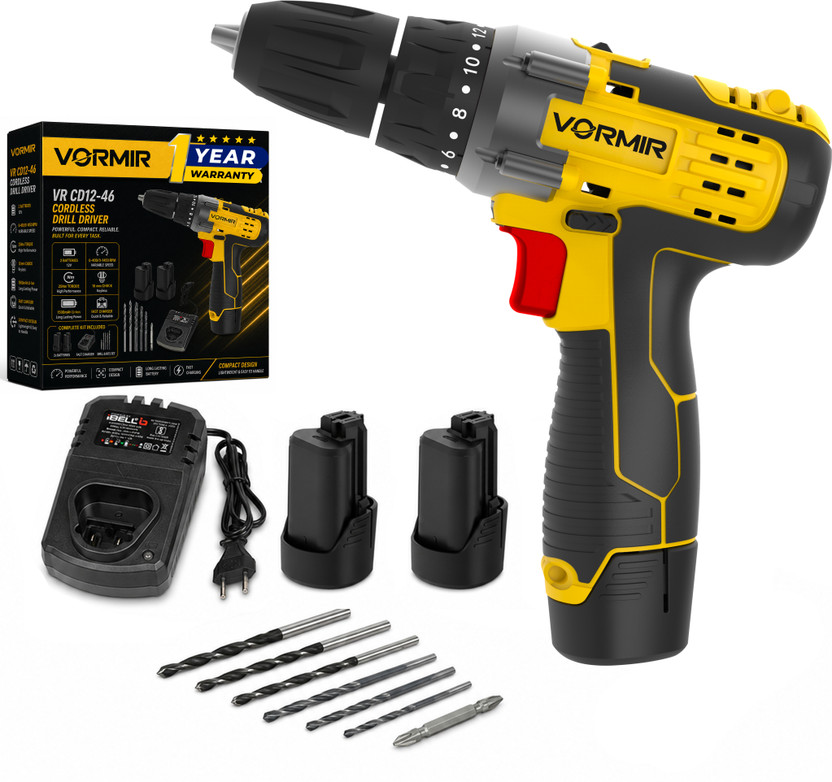 iBELL VORMIR VR CD12-46 Cordless Drill Driver, 2 Batteries, 12V,0-400/0-1450 RPM,25Nm, 2 x 1500mAh Li-Ion Batteries, Fast Charger, 1 Hour Charging, Compact Design Cordless Drill(10 mm Chuck Size)