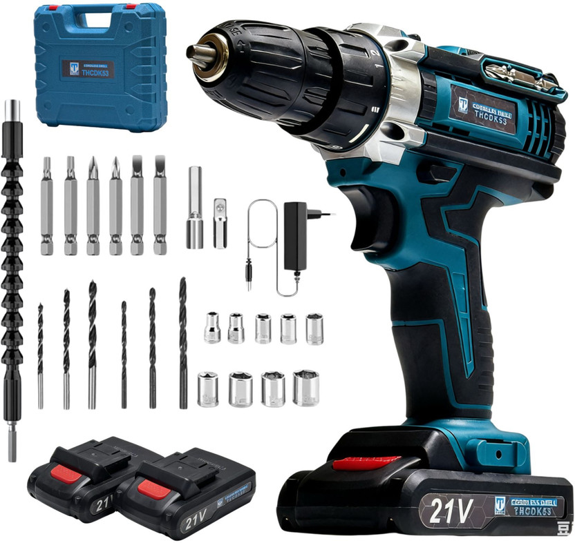 thor 21V Cordless Drill Machine with ,2 Batteries ,1350 RPM ,Flexible Shaft Torque Adjustment | Screwdriver Bits Socket Set | Carrying Case Cordless Drill(10 mm Chuck Size)