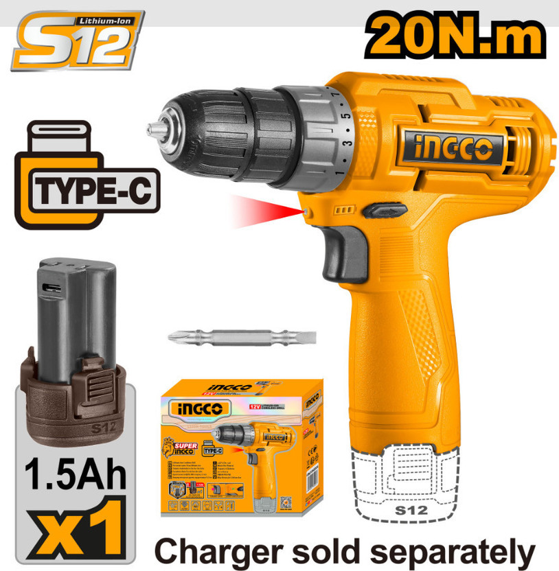 INGCO Power Tools 12V Cordless Drill with 1 Pcs 1.5Ah Battery Cordless Drill(10 mm Chuck Size)