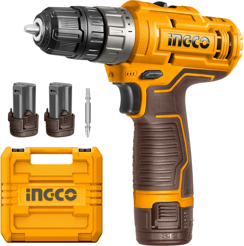 INGCO Cordless Drill Machine, 2pcs 1.5Ah Batteries, 12V, 15+1, 20Nm, Variable Speed, LED, Cordless Drill(10 mm Chuck Size)